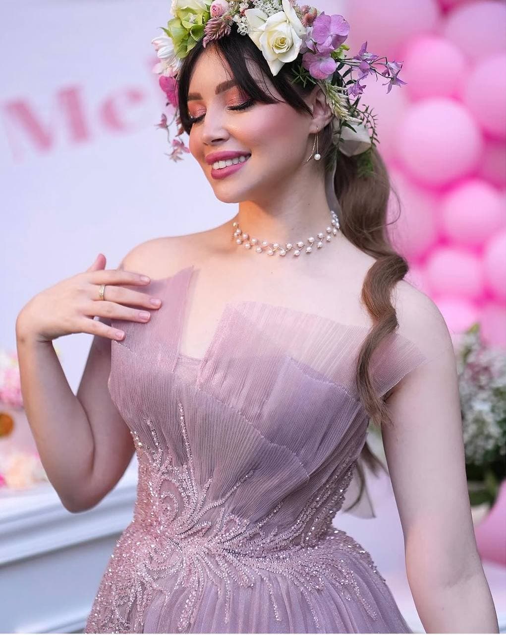 Beaded tulle gown, close detail